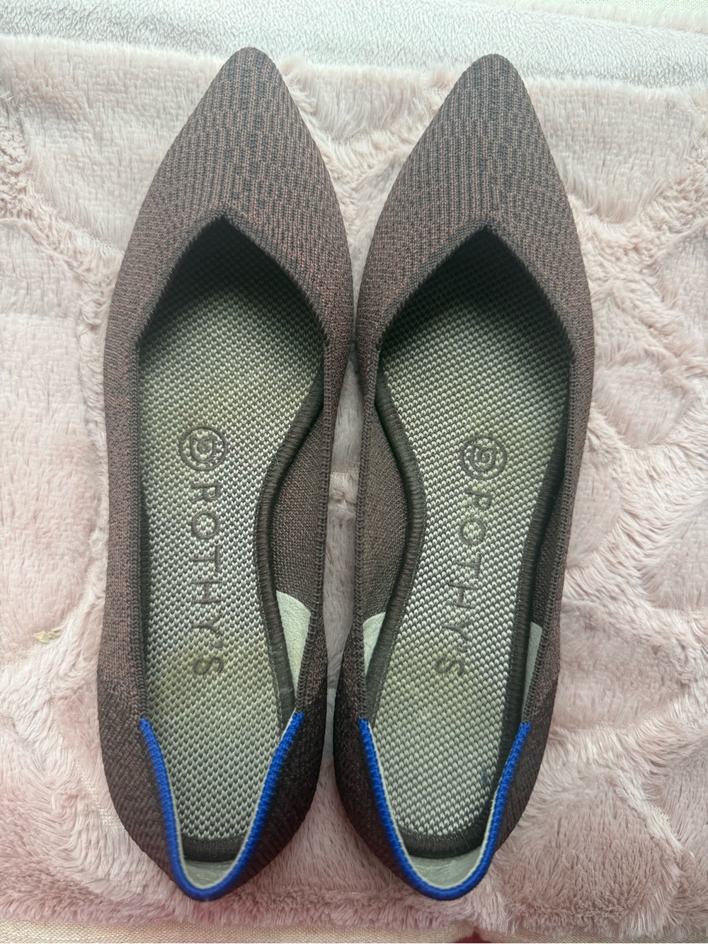 Rothy’s Brown Pointed Toe Slip-On Flats with Blue Trim